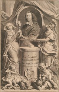 Due figure femminili, Religione e Saggezza, tengono il busto di Ferdinando di Fürstenberg, mentre ai loro piedi i loro geni calpestano Eresia e Ignoranza